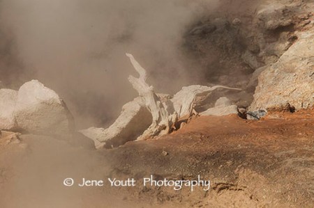 steam rises from a yellowstone geyser